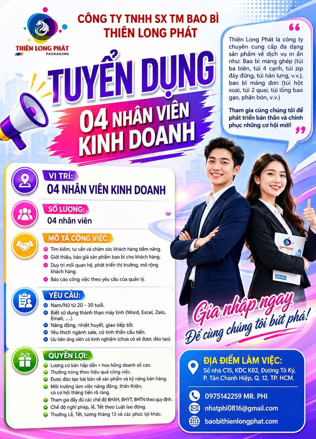 Thiên Long Phát tuyển dụng 04 nhân viên kinh doanh bao bì tại TP.HCM